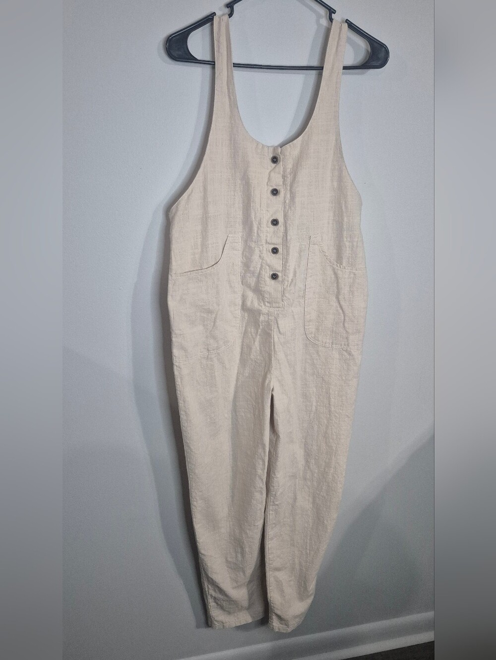 Beige Linen-Blend Button Front Jumpsuit